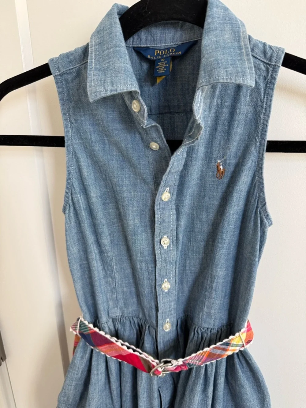 Ralph Lauren Blue Chambray Sleeveless Shirt Dress with Plaid Belt